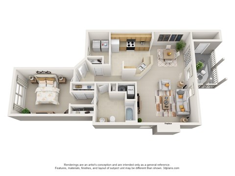 A 3D floor plan of a house with two bedrooms, a living room, a kitchen, and a bathroom.